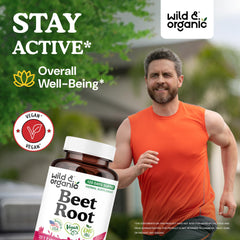 Wild & Organic Beet Root Capsules bottle back highlighting vegan, non-GMO formula.