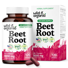 Wild & Organic Beet Root Capsules bottle front showing 120-day vegan supply for daily wellness.