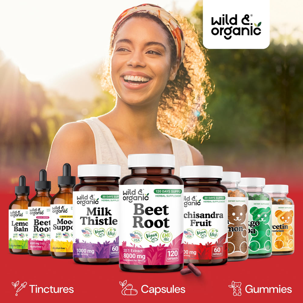 Wild & Organic Beet Root Capsules bottle with black pepper extract note on label.