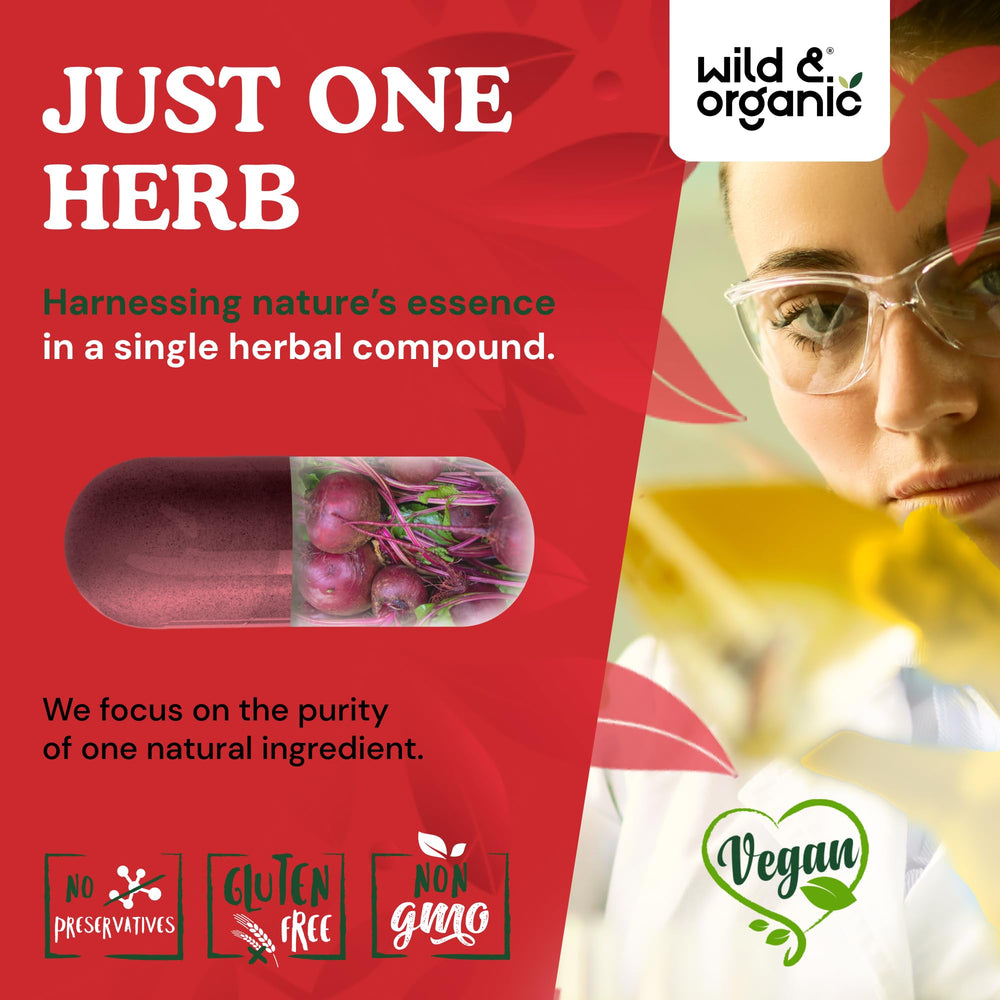 Wild & Organic Beet Root Capsules vegan coating close-up.