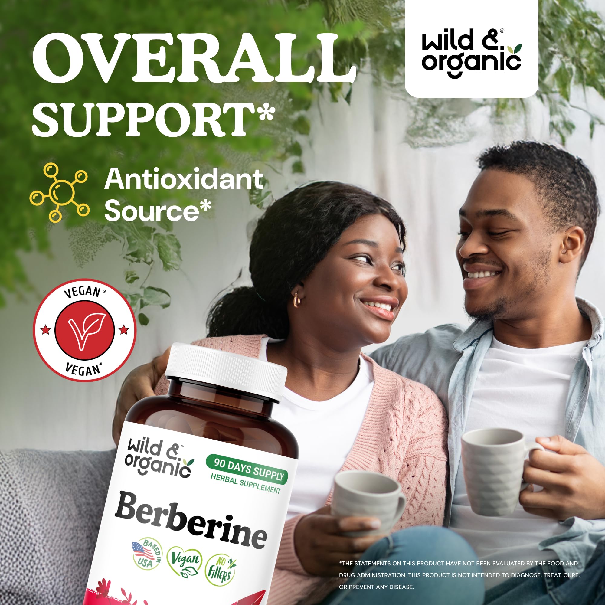 Wild & Organic Berberine capsules showing vegan, non-GMO formulation for daily use.