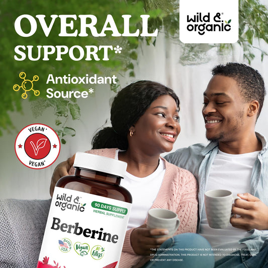 Wild & Organic Berberine capsules showing vegan, non-GMO formulation for daily use.
