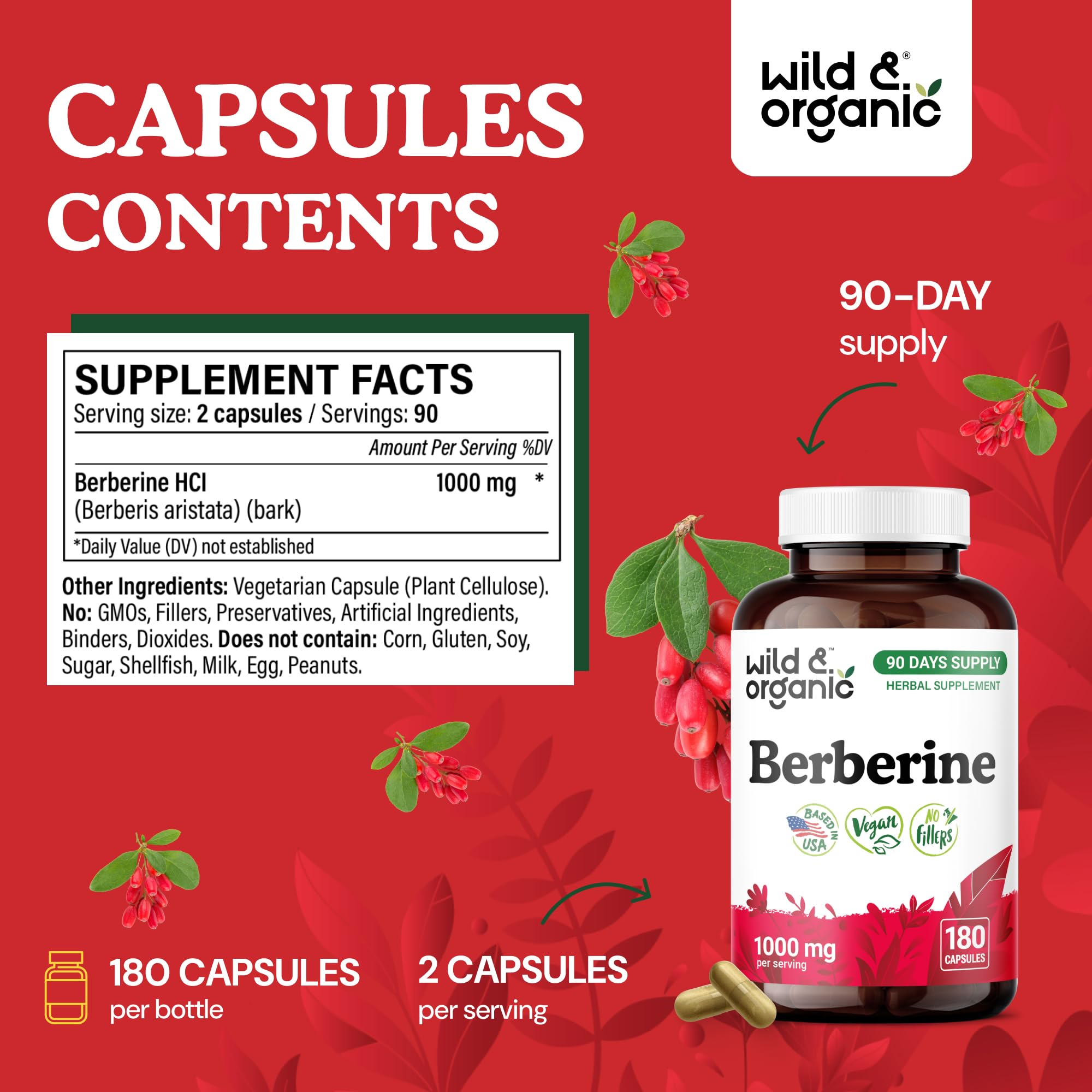 Wild & Organic Berberine label highlighting non-GMO and plant-based ingredients.
