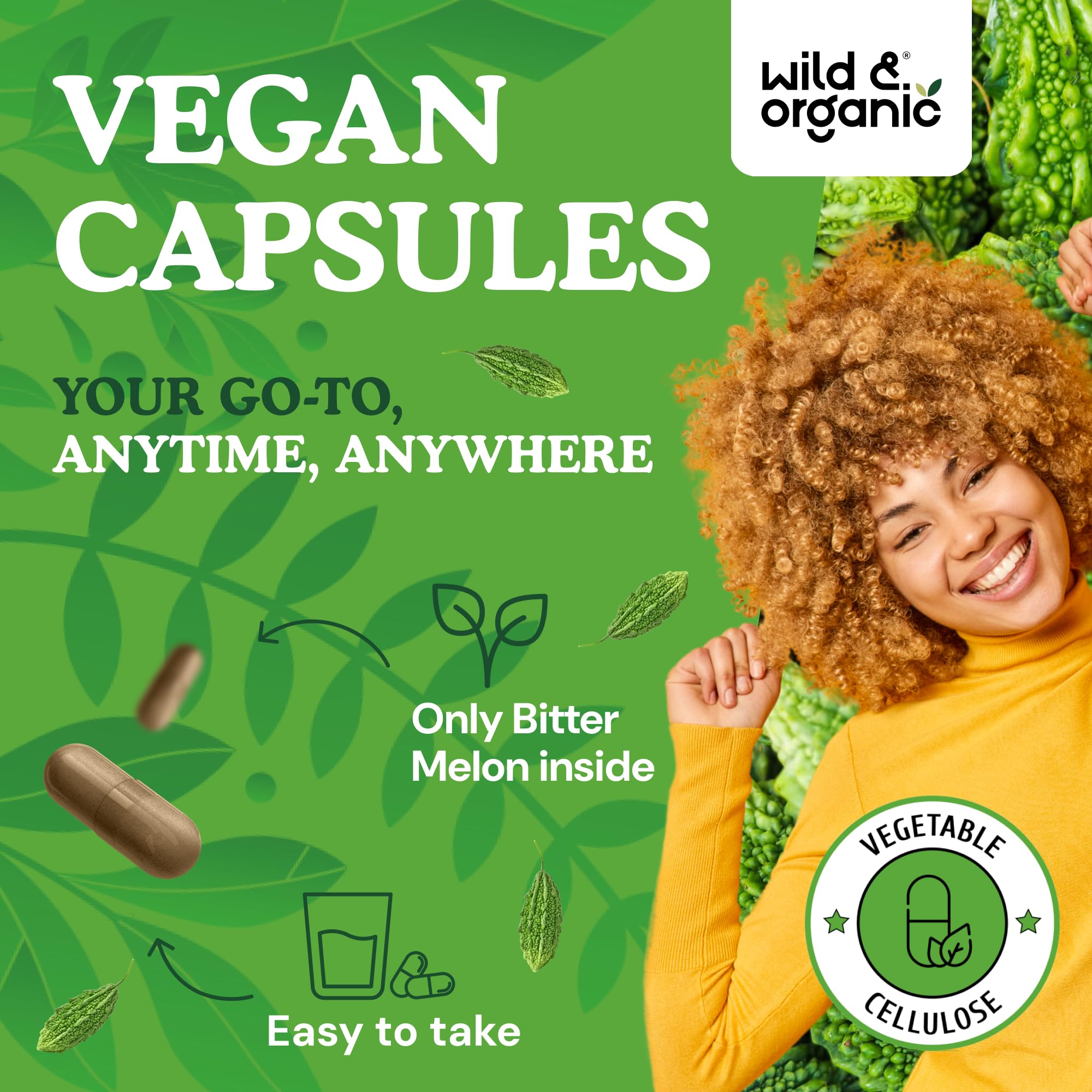 Wild & Organic bitter melon capsules close-up capsule, smooth coating for swallowing.