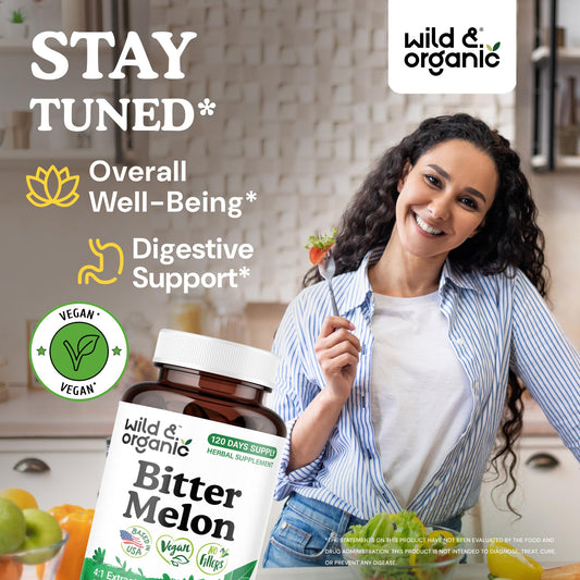 Wild & Organic bitter melon capsules label close-up, vegan, non-GMO formula.