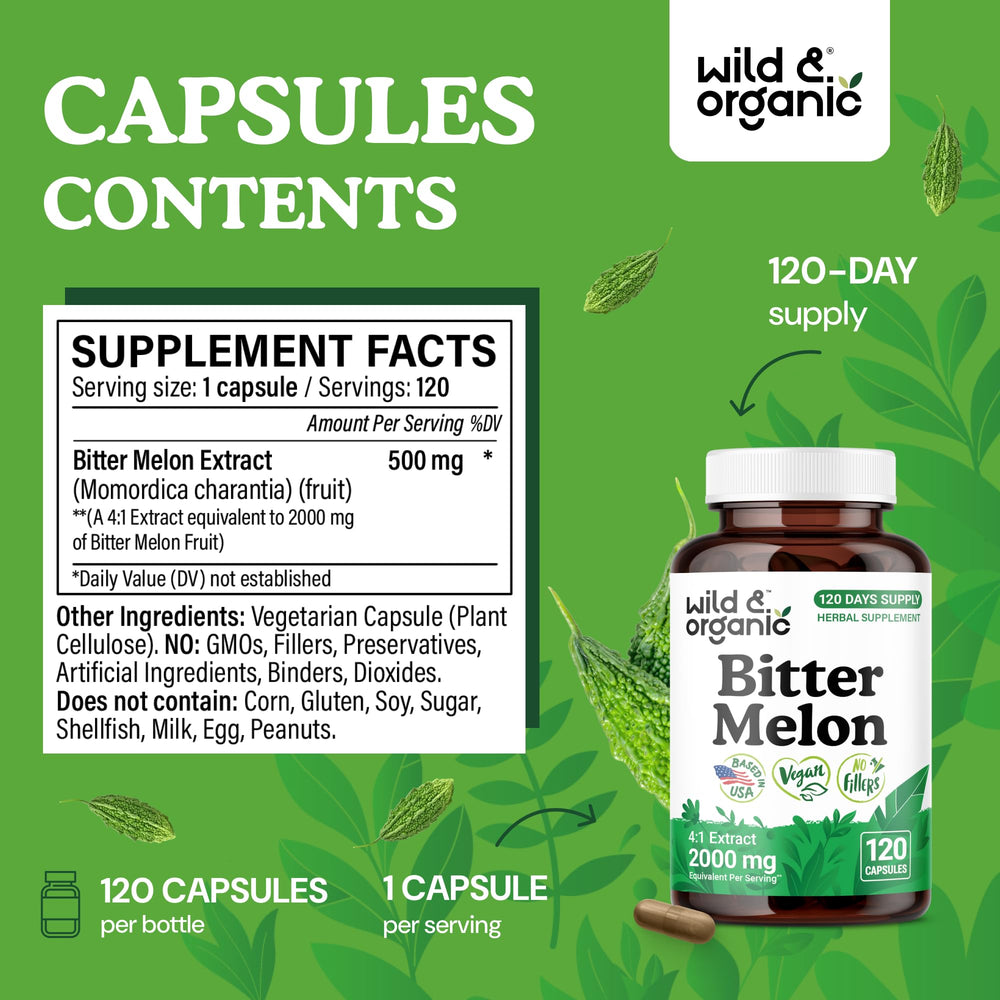 Wild & Organic bitter melon capsules pour, easy daily intake.