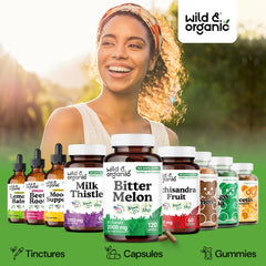 Wild & Organic bitter melon packaging box, eco-friendly vegan formula.