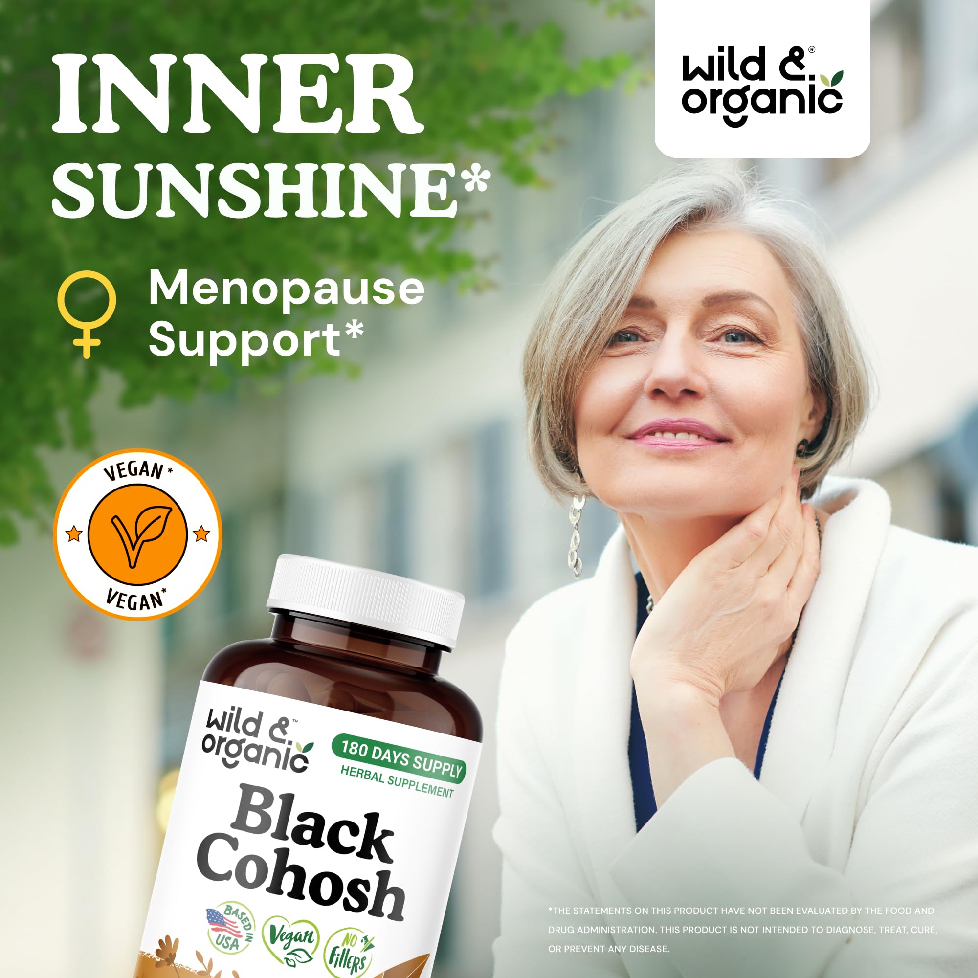 Wild & Organic Black Cohosh capsules closeup showing vegan, non-GMO formula