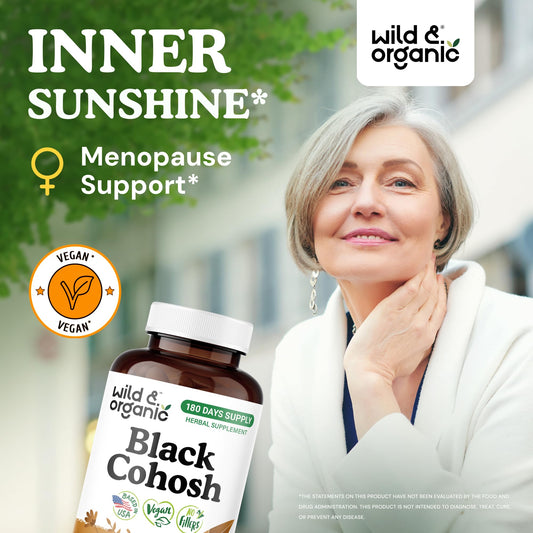 Wild & Organic Black Cohosh capsules closeup showing vegan, non-GMO formula