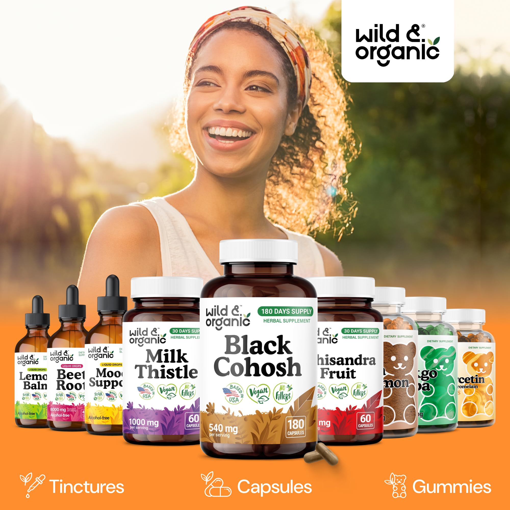 Wild & Organic Black Cohosh bottle with dosage info suggests daily routine