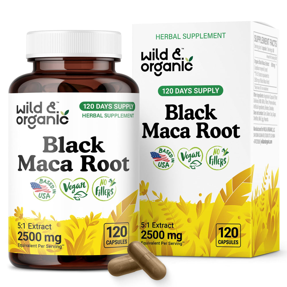 Wild & Organic black maca capsules in bottle for daily wellness