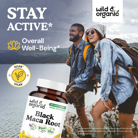 Close-up of Wild & Organic maca capsules for everyday vitality