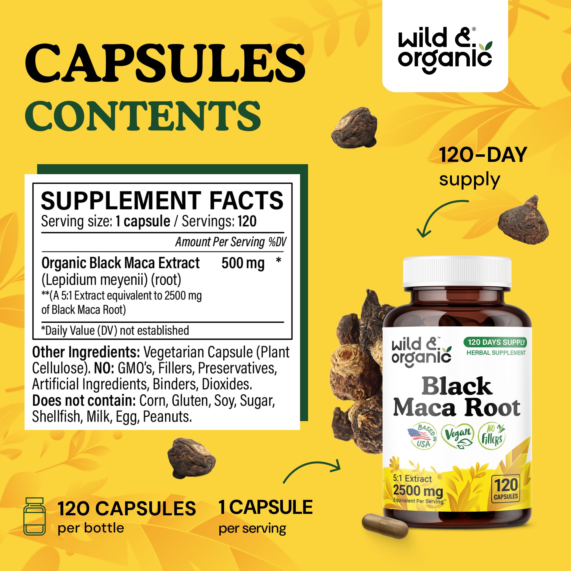 Maca powder and capsules display from Wild & Organic line