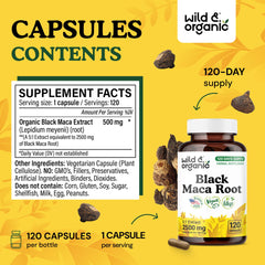 Maca powder and capsules display from Wild & Organic line