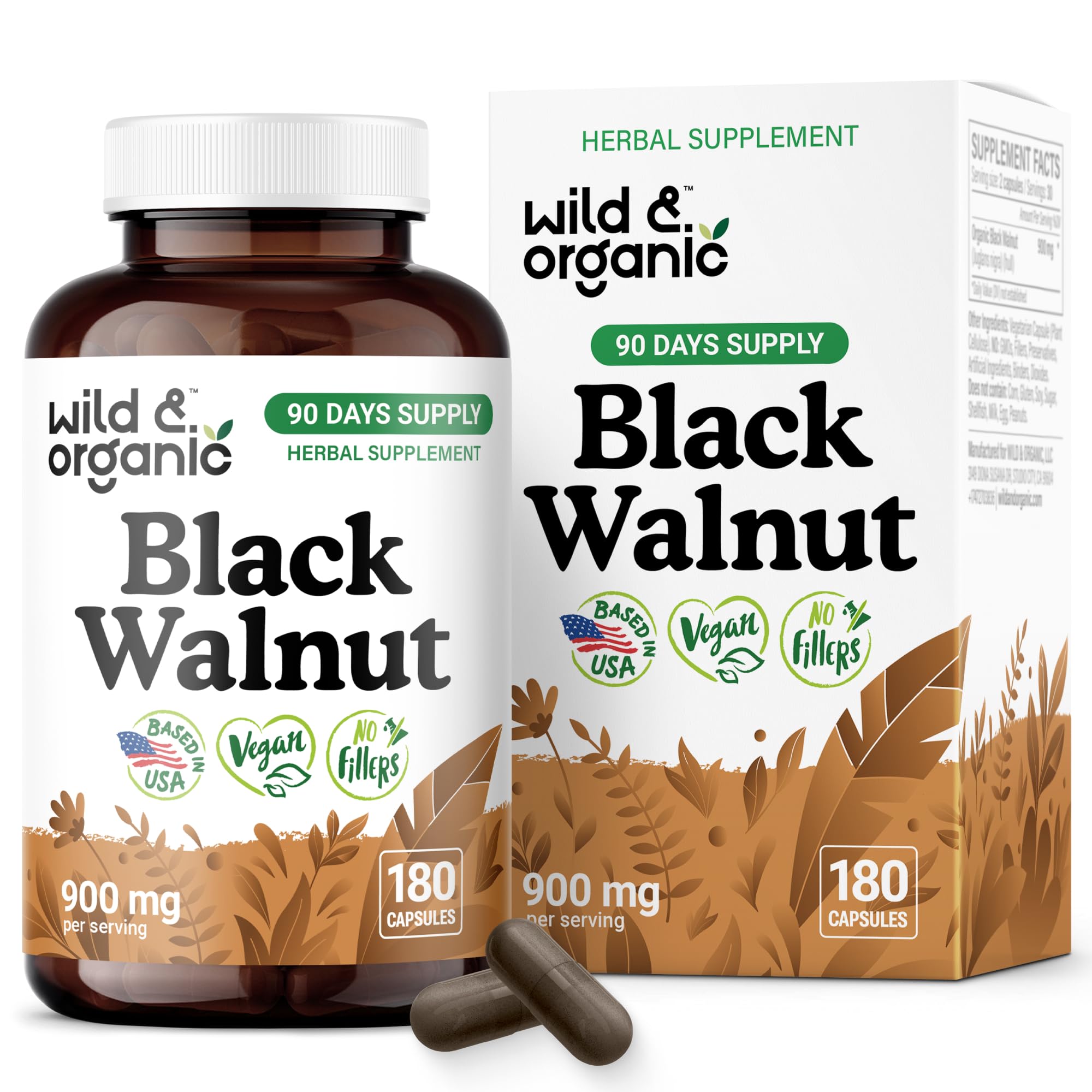 Wild & Organic black walnut hull capsules bottle shows 900 mg formula for detox support.