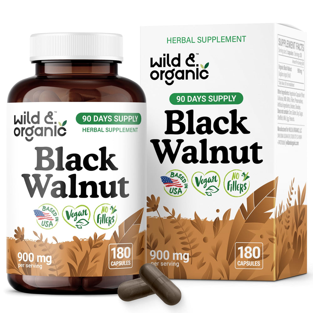 Wild & Organic black walnut hull capsules bottle shows 900 mg formula for detox support.