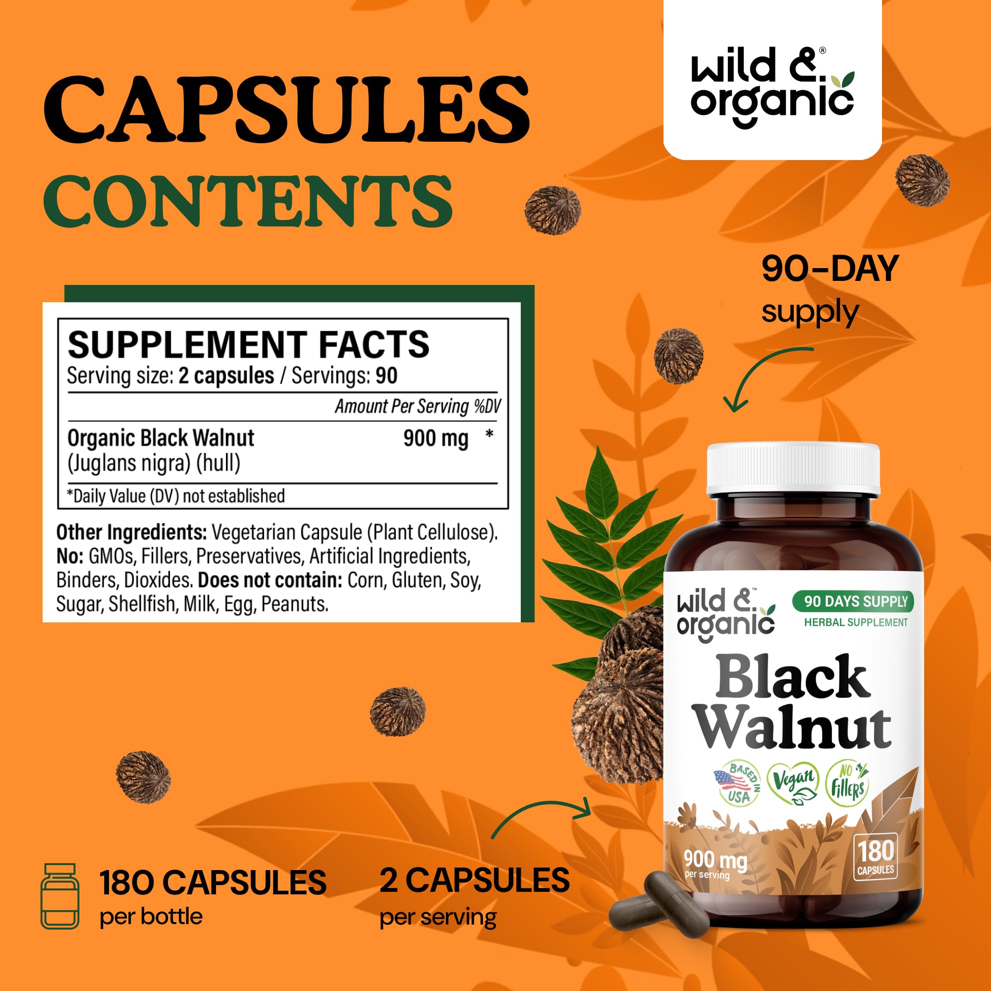 Wild & Organic black walnut hull capsules close-up emphasizes easy daily use.