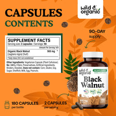 Wild & Organic black walnut hull capsules close-up emphasizes easy daily use.