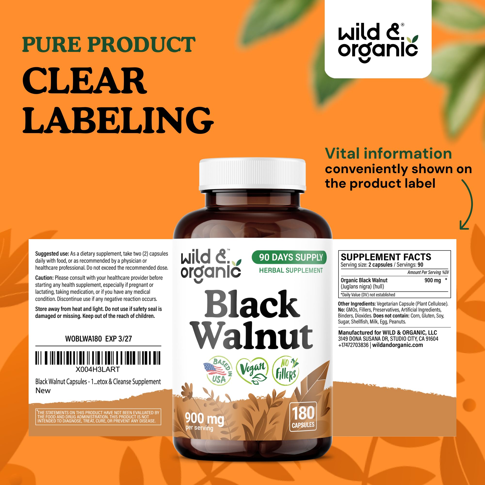 Wild & Organic black walnut hull capsules ready for daily use in hand.