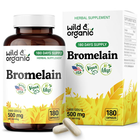 Wild & Organic Bromelain 500 mg capsules in bottle for digestive support.