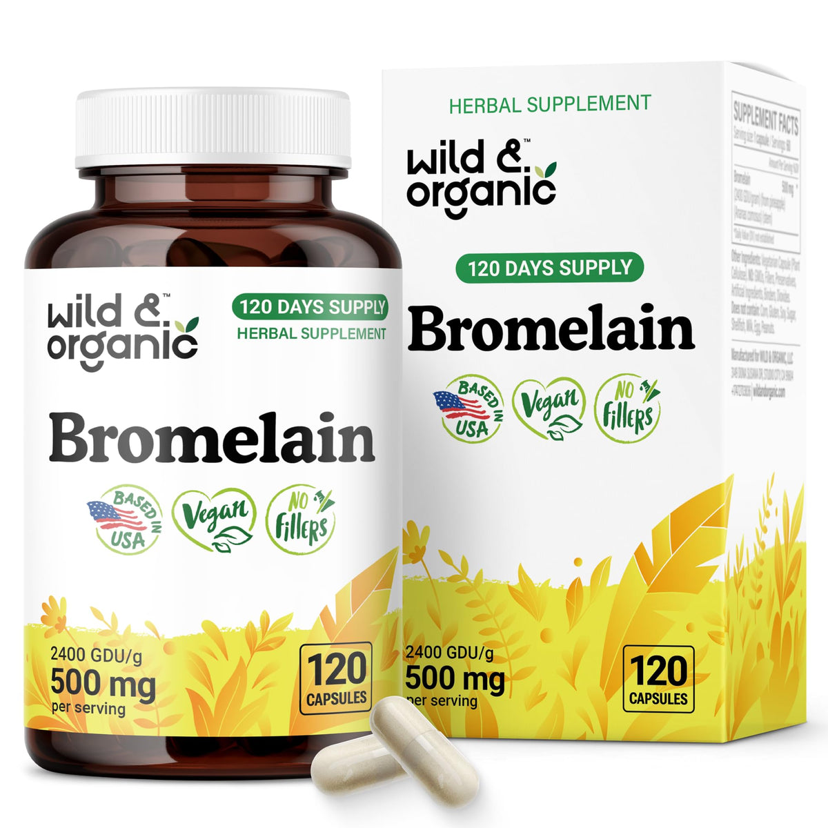 Wild & Organic bromelain 500mg capsules package for digestive support.