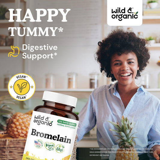 Wild & Organic bromelain capsules bottle close-up highlighting vegan-friendly formula.