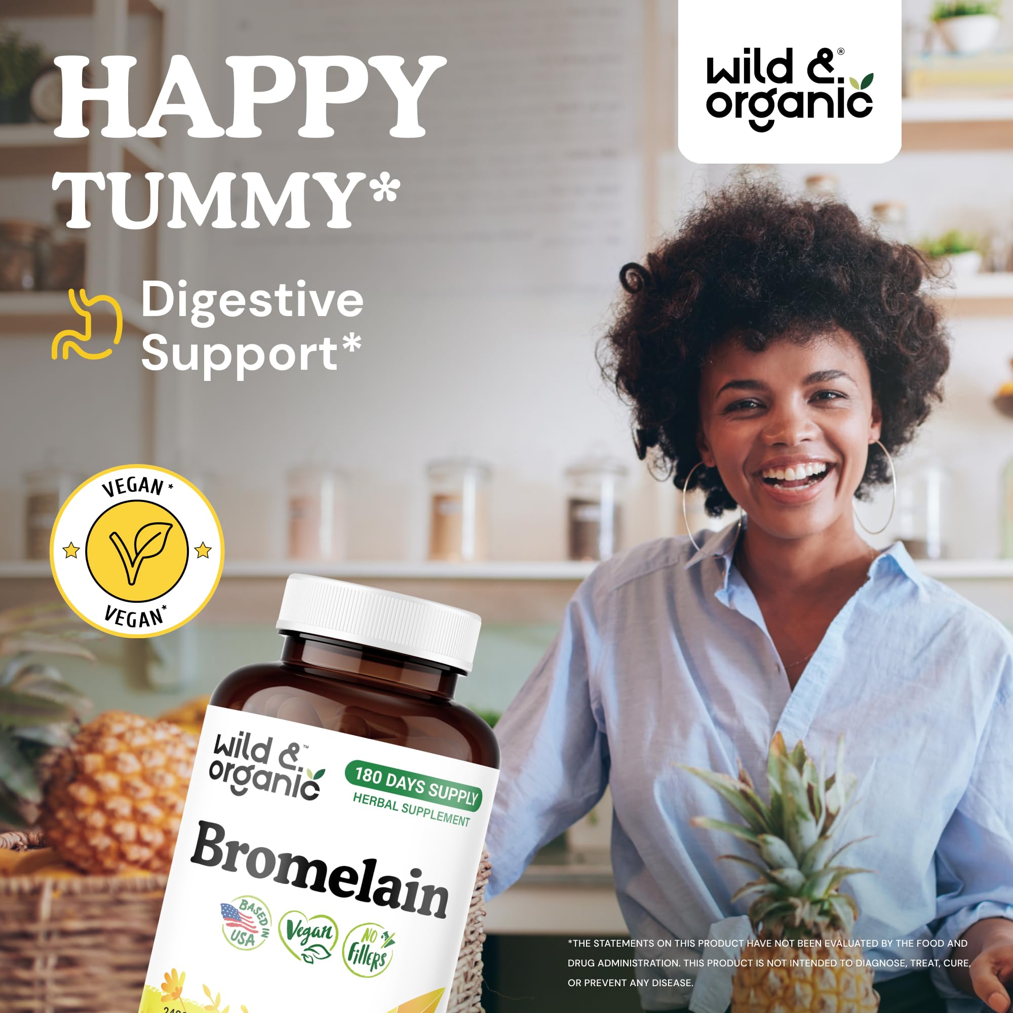 Wild & Organic bromelain capsules closeup showing vegan formula for clean digestion.