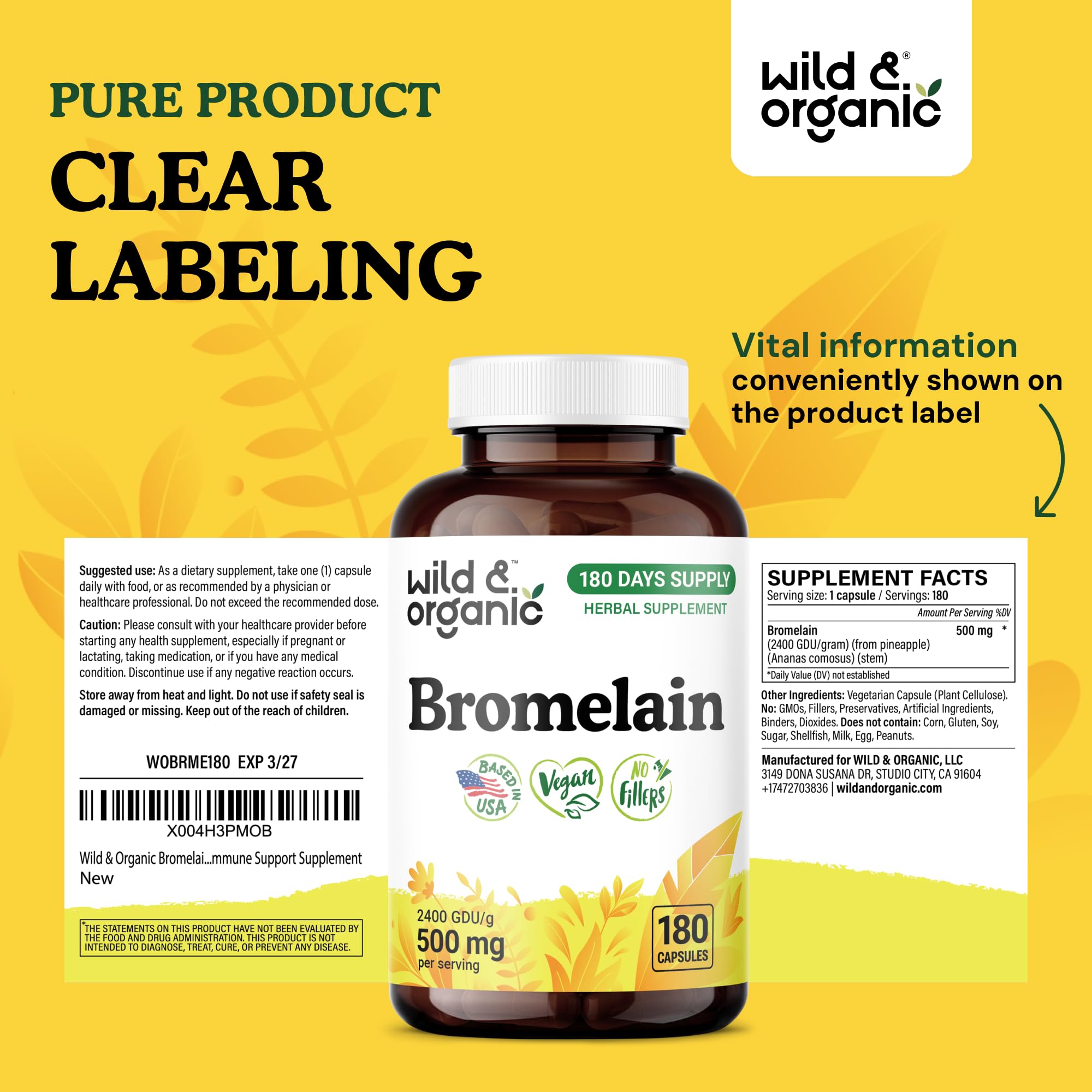 Wild & Organic daily-use bromelain bottle supports convenient daily enzyme support.