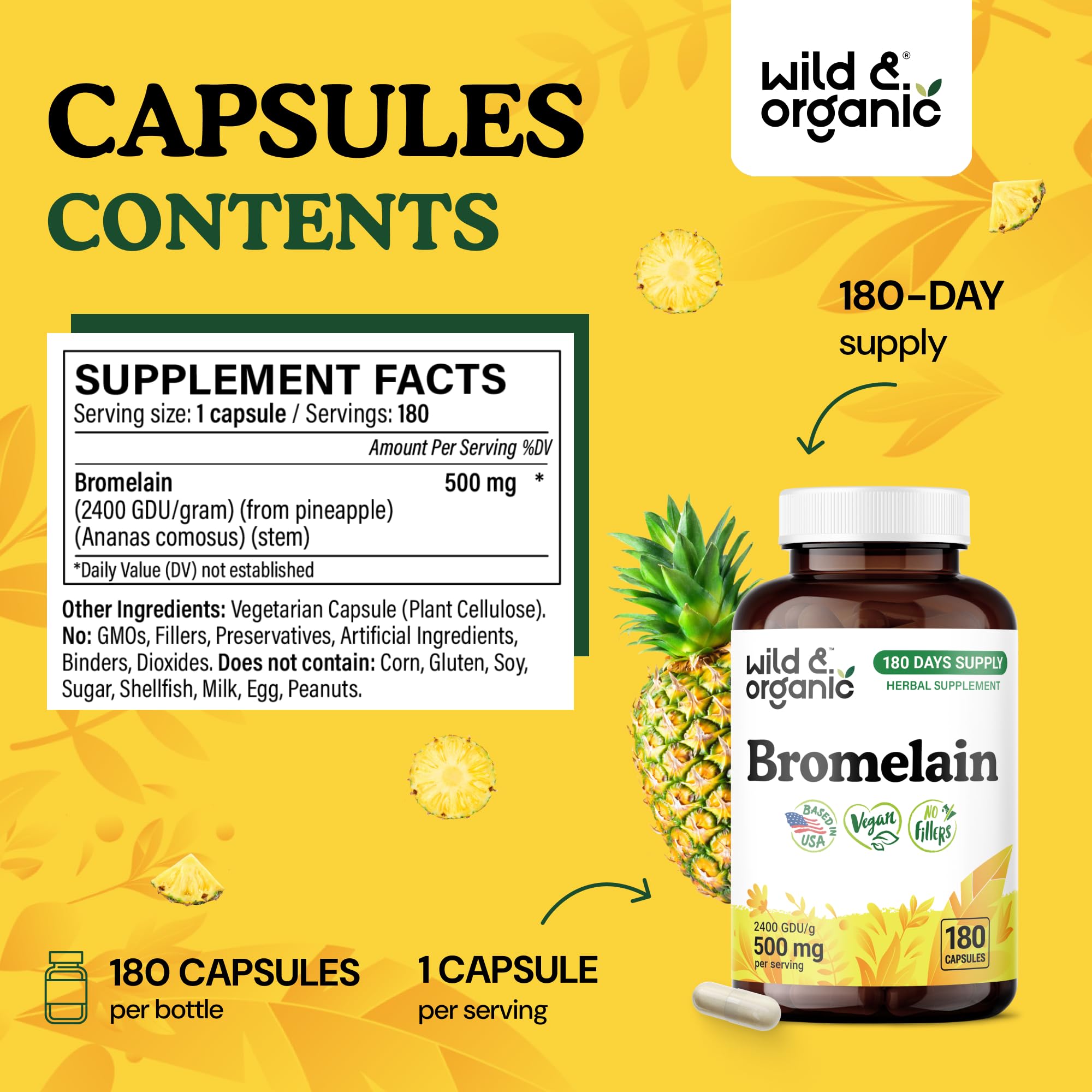 Wild & Organic bromelain label design highlights pineapple enzyme source for natural support.