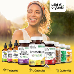 Wild & Organic bromelain packaging and capsules illustrating clean, no fillers formula.