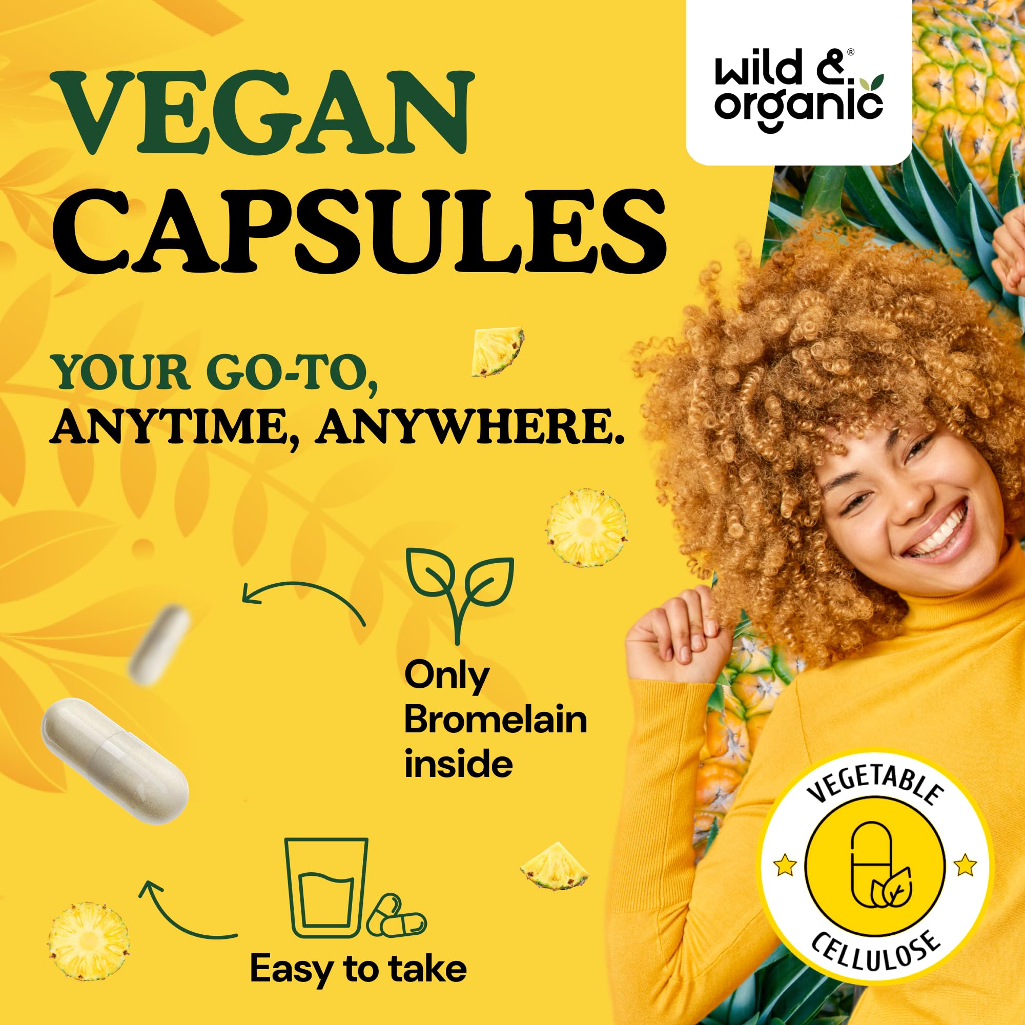 Wild & Organic bromelain bottle with label emphasizing 120-day supply.