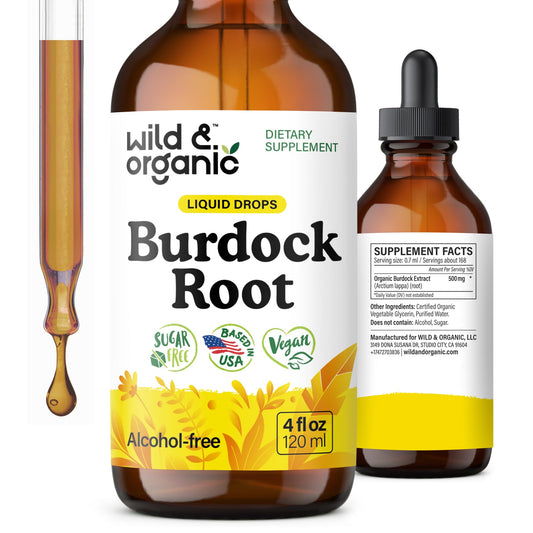 Wild & Organic burdock tincture bottle highlighting antioxidant support and digestive wellness.