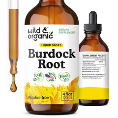 Wild & Organic burdock tincture bottle highlighting antioxidant support and digestive wellness.