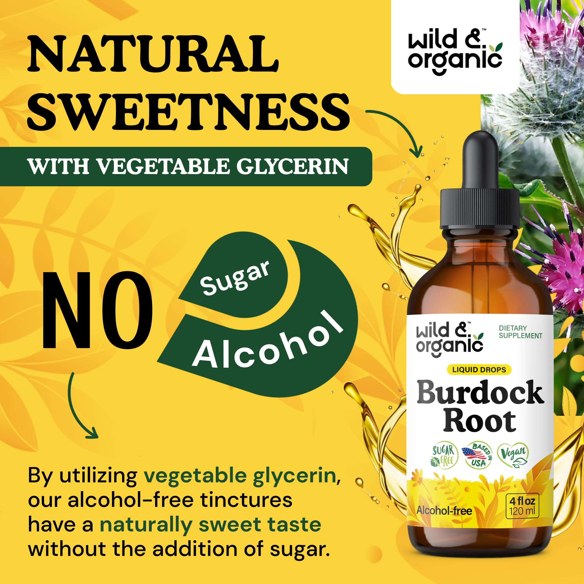 Back label notes GMO-free, vegan formula of Wild & Organic burdock tincture.