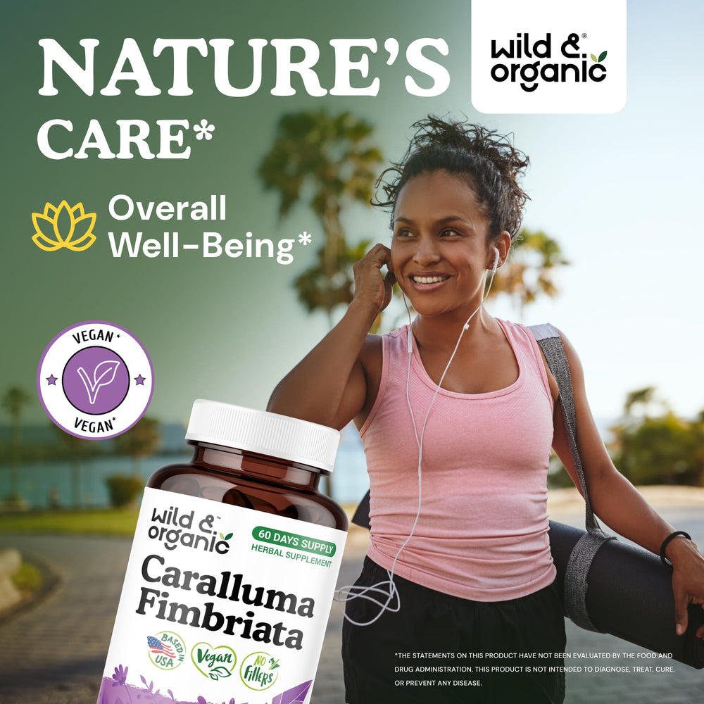 Wild & Organic Caralluma Fimbriata capsules bottle close-up showing plant-based capsule coating.