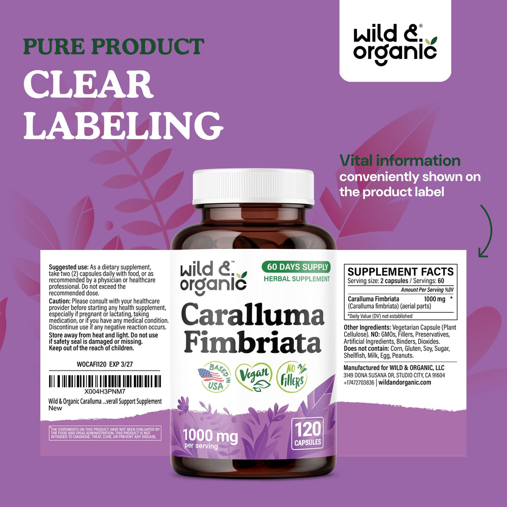 Wild & Organic Caralluma Fimbriata capsules easy-open cap on bottle.