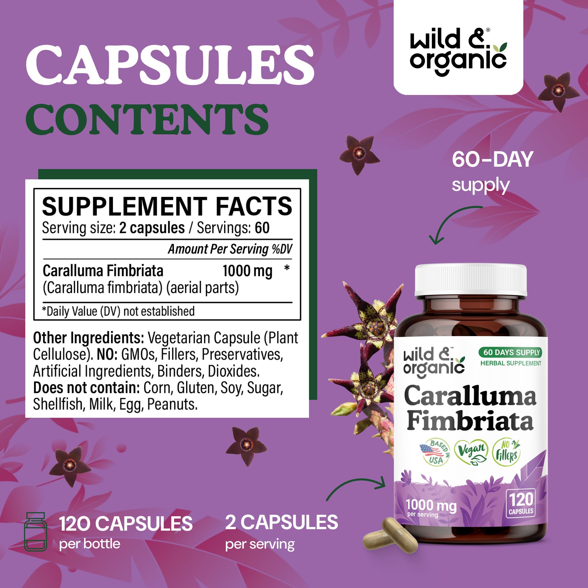 Wild & Organic Caralluma Fimbriata capsules packaging label highlights vegan, non-GMO ingredients.