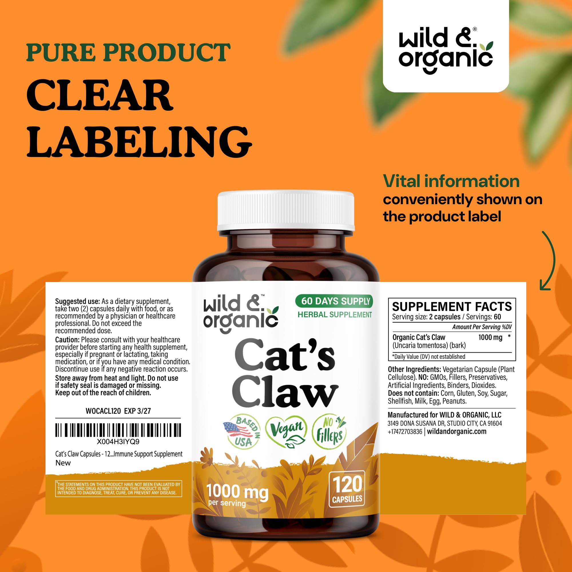 Wild & Organic Cats Claw 120-count bottle indicates 60-day supply.