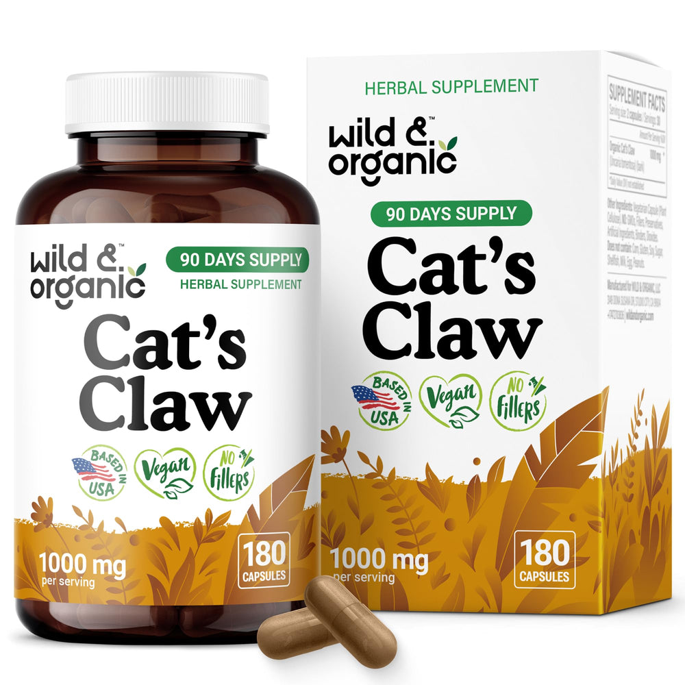 Wild & Organic Cats Claw bottle front with 180 capsules for immune support.