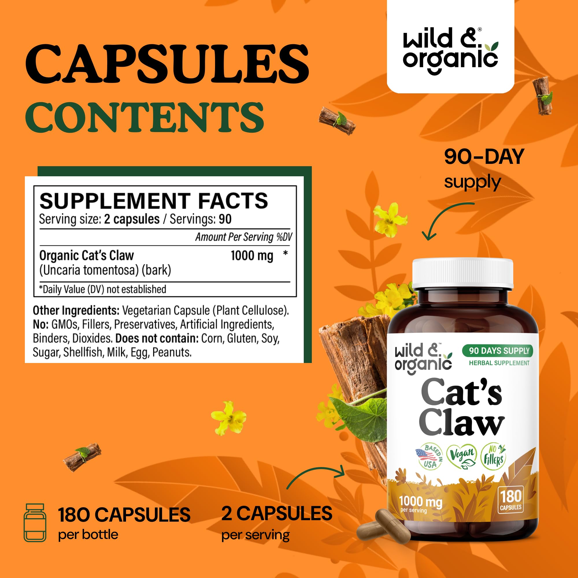 Wild & Organic Cats Claw bottle label detailing clean ingredients.