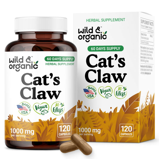 Wild & Organic Cats Claw bottle top showing packaging for daily immune support.