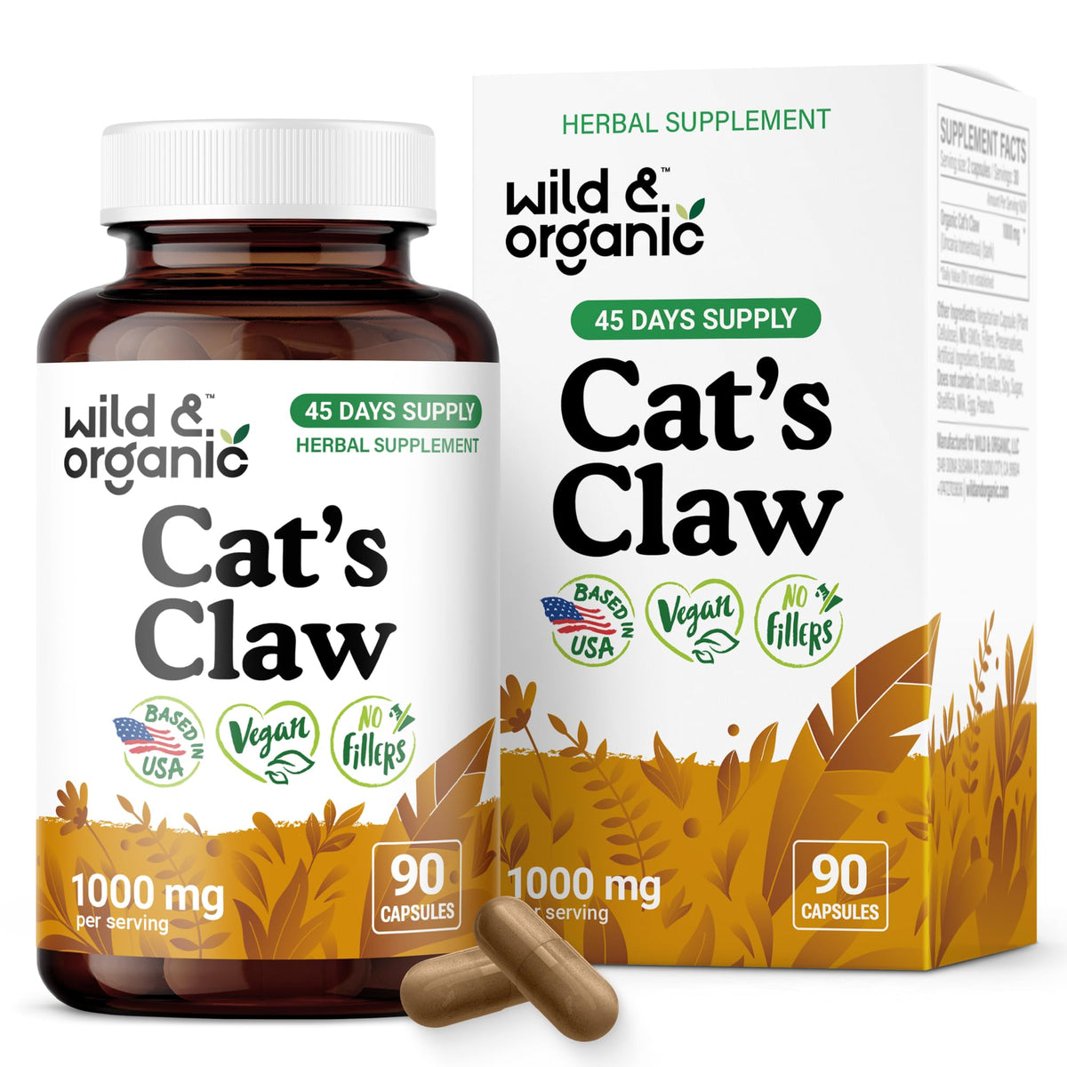 Wild & Organic Cats Claw Capsules 1000mg bottle for immune support.