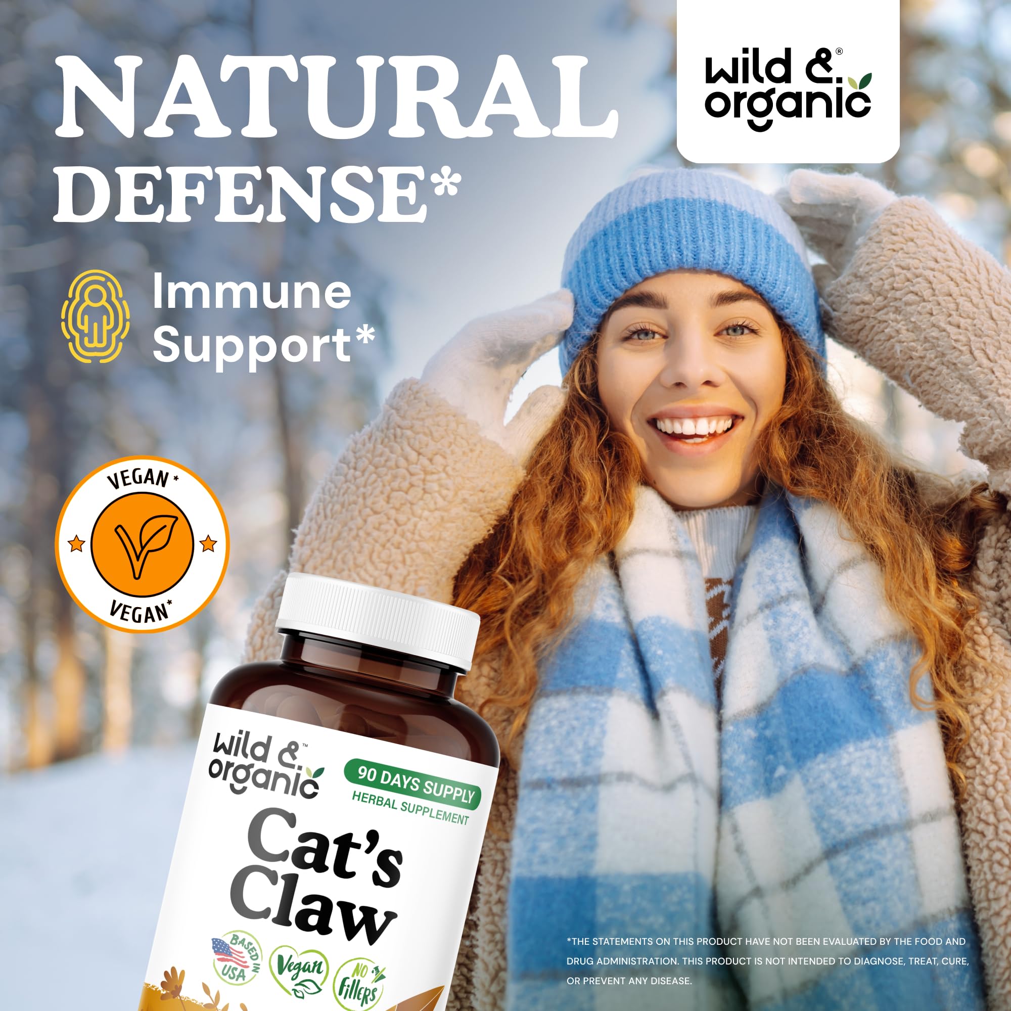 Close-up of Wild & Organic Cats Claw capsules showing vegan formula.