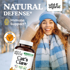 Close-up of Wild & Organic Cats Claw capsules showing vegan formula.