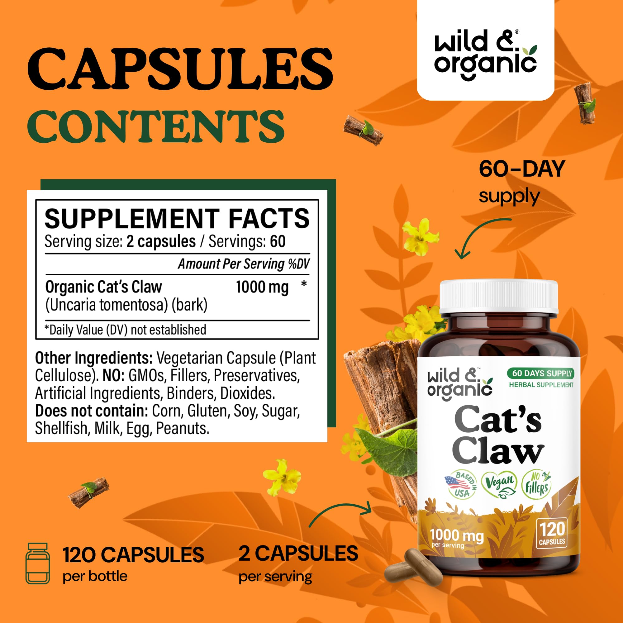 Wild & Organic Cats Claw capsules in bottle emphasize convenient daily dose.