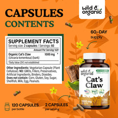Wild & Organic Cats Claw capsules in bottle emphasize convenient daily dose.