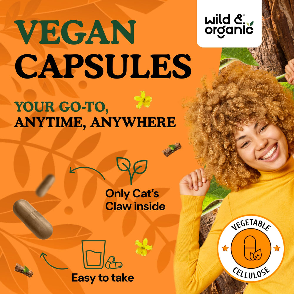 Wild & Organic Cats Claw plant-based ingredients section signals vegan-friendly formulation.