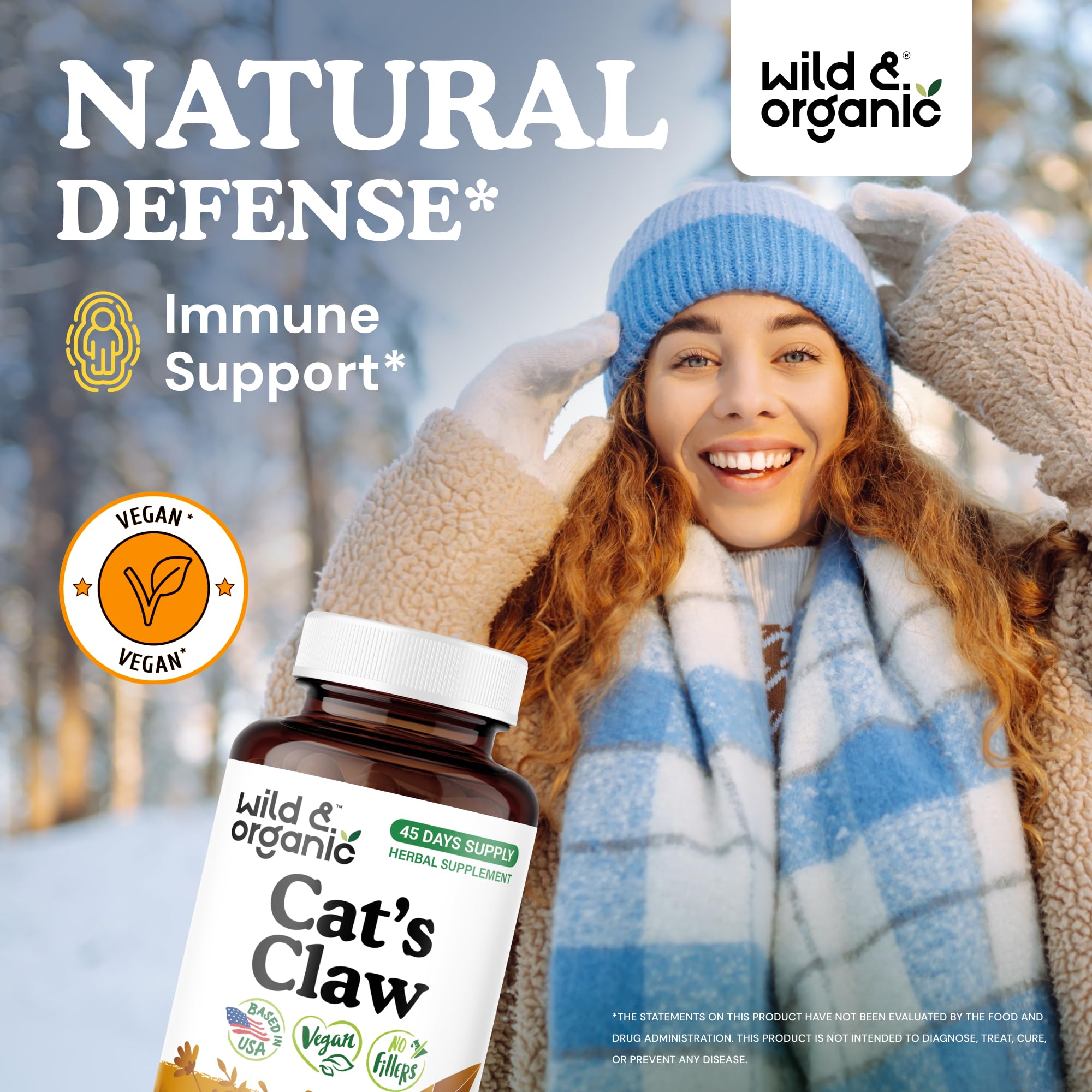 Wild & Organic Cats Claw vegan capsules highlighting plant-based formula.