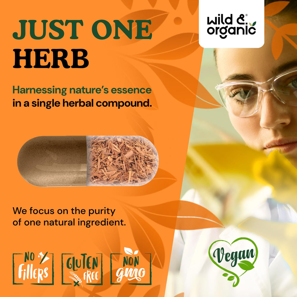 Wild & Organic Cats Claw vegan-friendly label communicates clean, filler-free capsules.