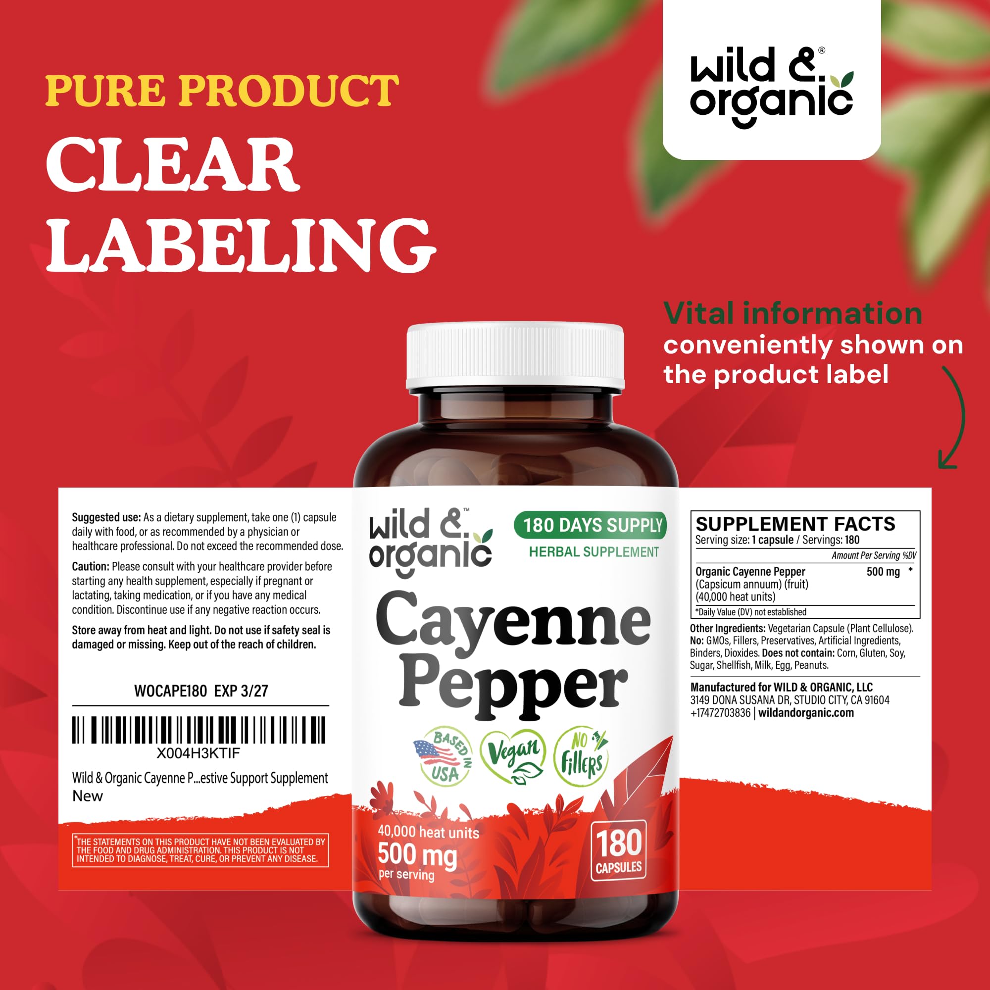180-day supply with 180 capsules in Wild & Organic bottle